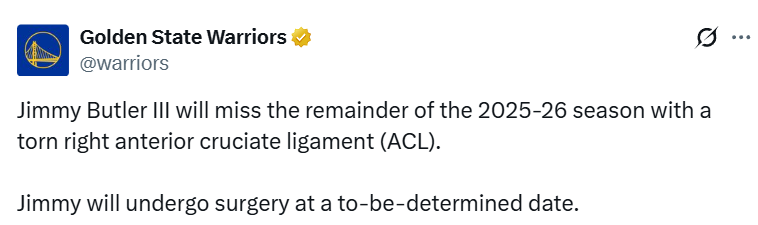 勇士官宣巴特勒赛季报销！本人将军照玩梗 不忘祝贺库里进全明星
